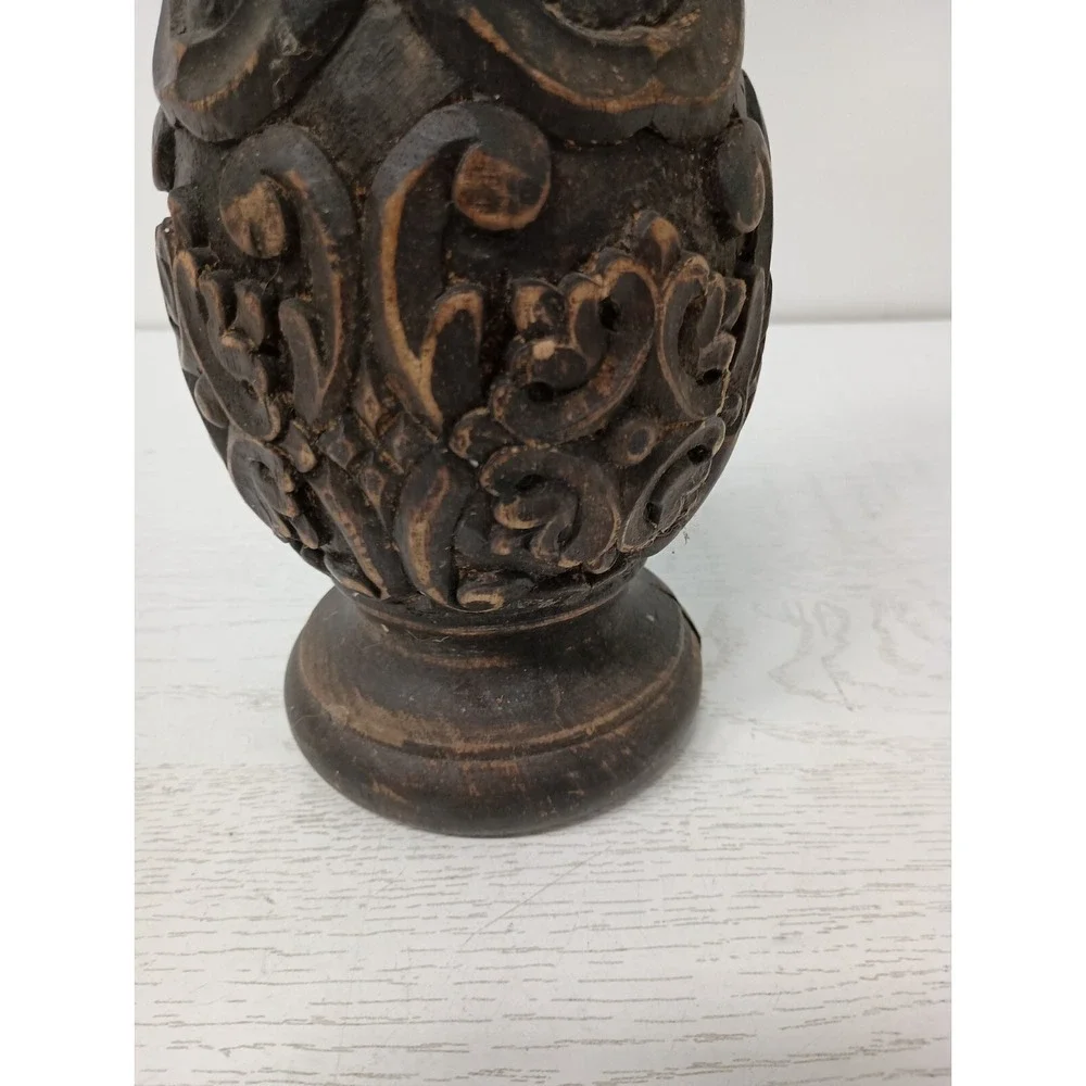 Vintage Hand Carved Turned Wood Vase 3D Raised Floral Design Rustic Primitive